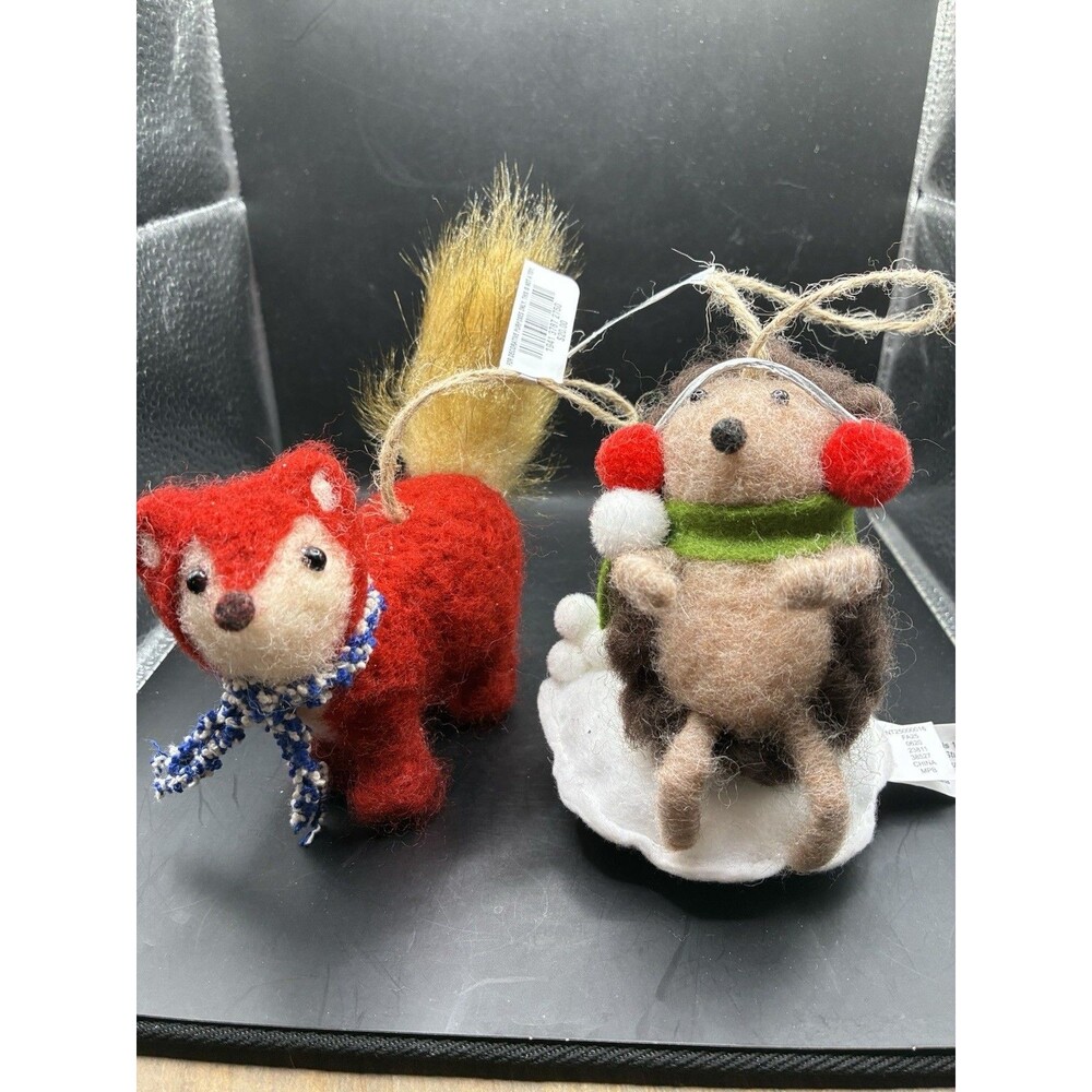 Holiday Lane Felted Fox & Porcupine Christmas Ornaments NWT Lot Of 2